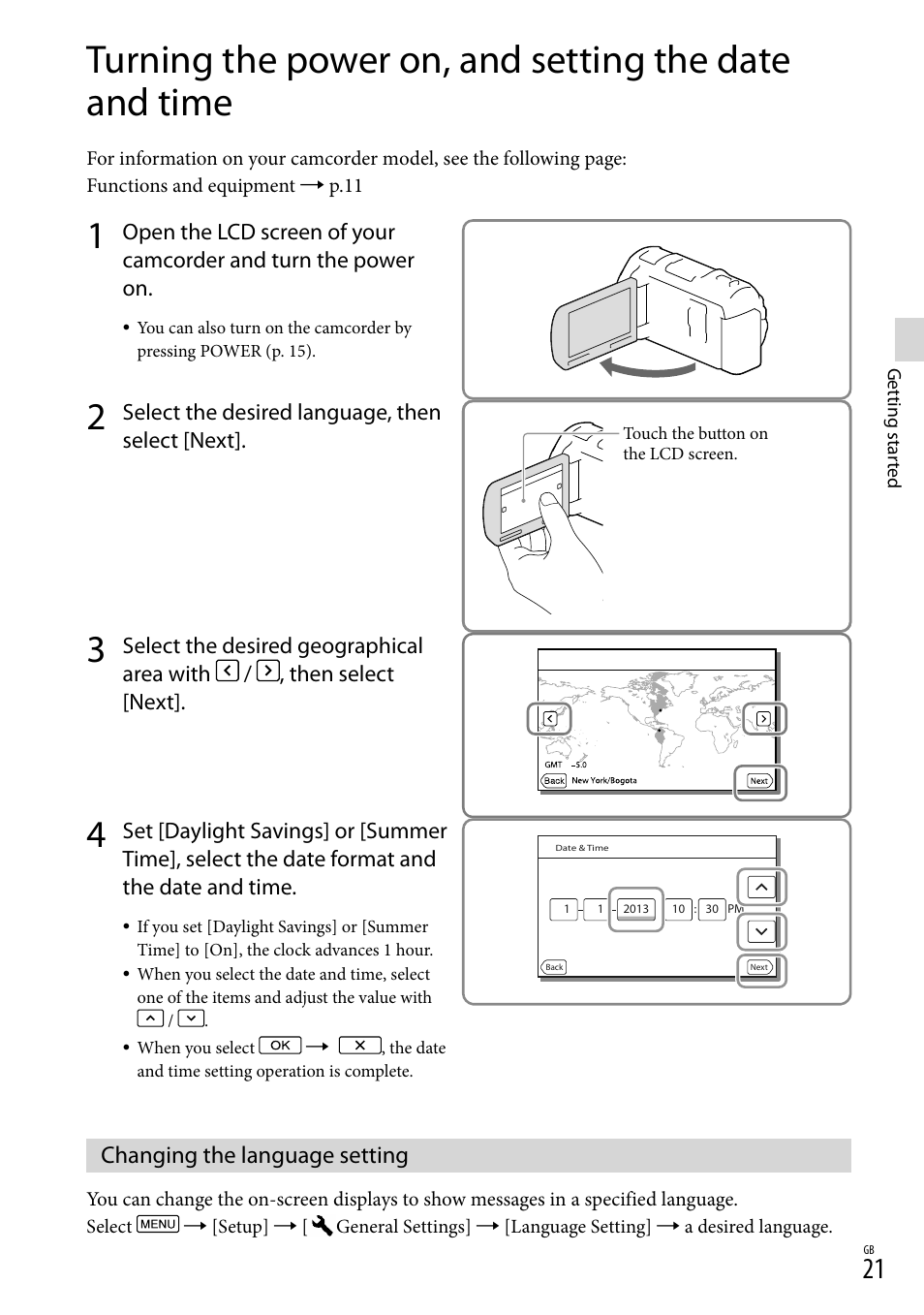 Changing the language setting, 21). th, Ouch panel (21, 23) | Sony HDR-PJ650V User Manual | Page 21 / 76