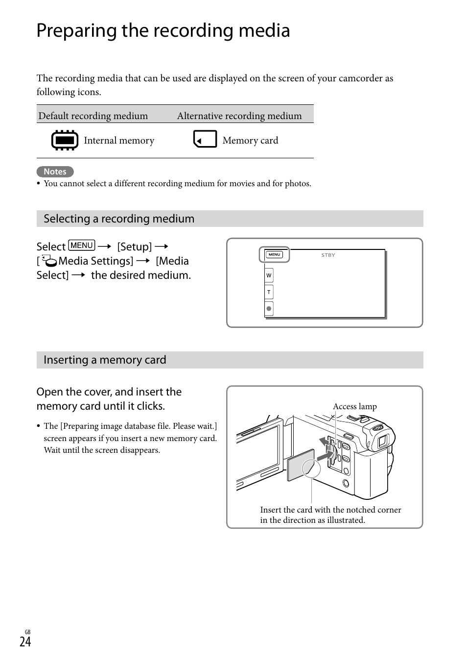 Preparing the recording media, Selecting a recording medium, Inserting a memory card | 24) i, Ess lamp (24), D slot (24) | Sony HDR-PJ650V User Manual | Page 24 / 76