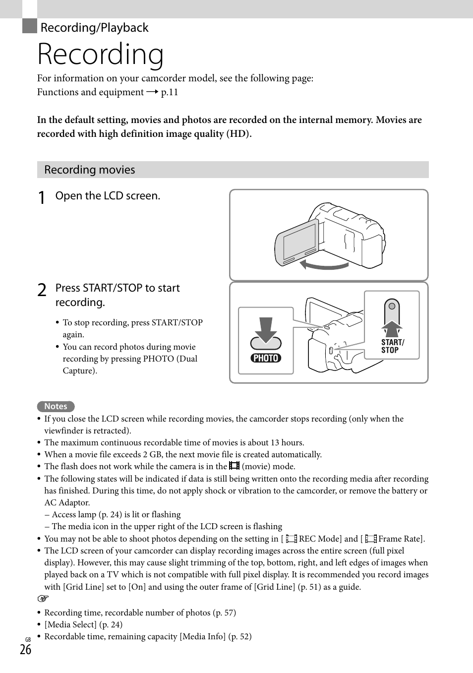 Recording/playback, Recording, Recording movies | On (26) | Sony HDR-PJ650V User Manual | Page 26 / 76