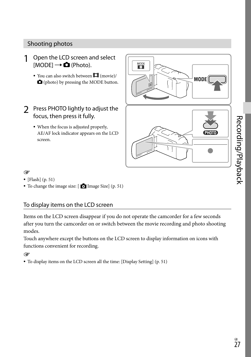 Shooting photos, On (27), Rec or ding/p la yback | Sony HDR-PJ650V User Manual | Page 27 / 76