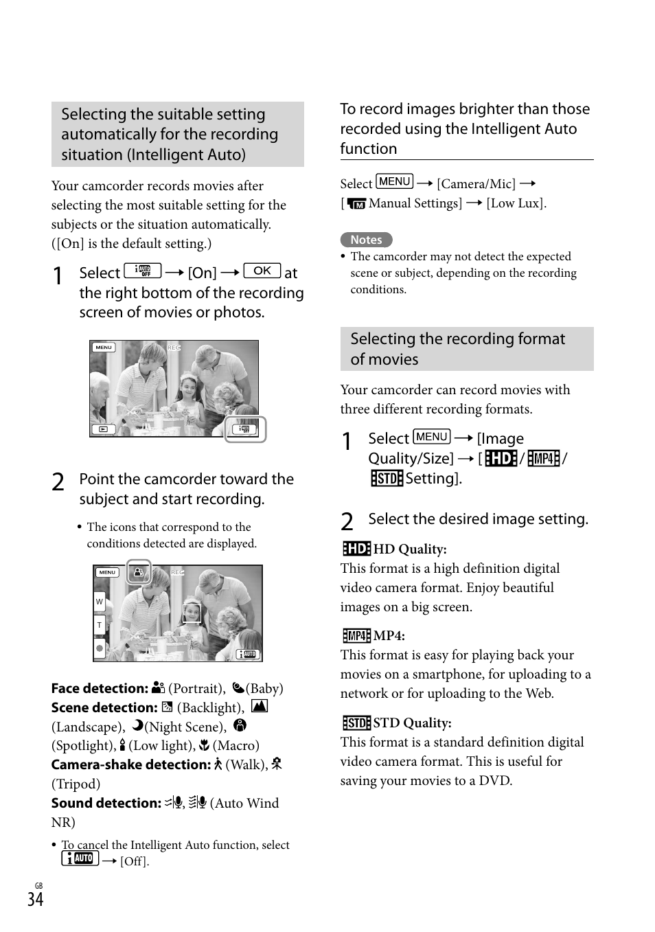 Selecting the recording format of movies, O (34), N (34) | Sony HDR-PJ650V User Manual | Page 34 / 76