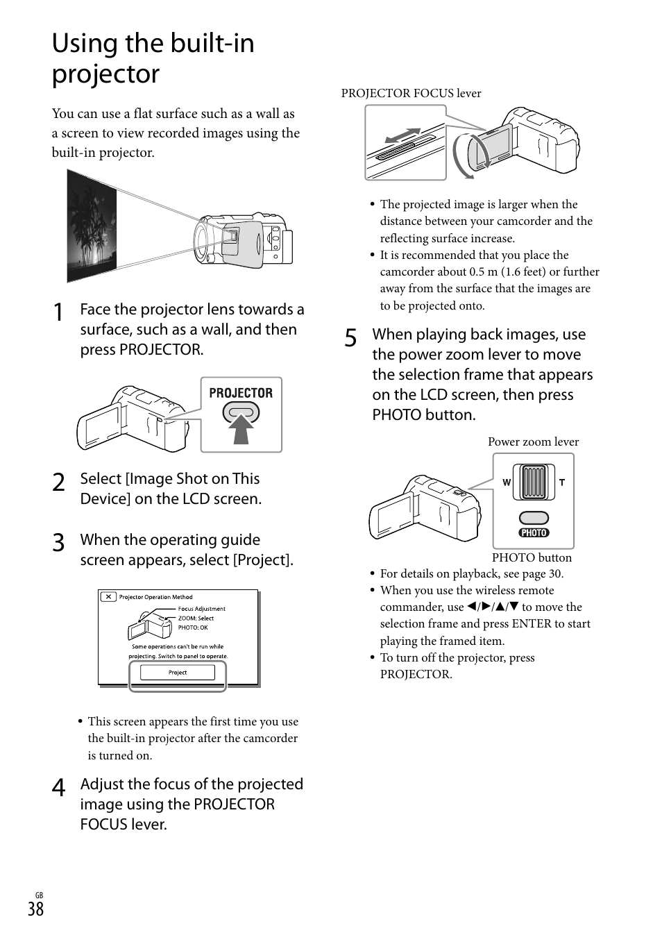 Using the built-in projector, Er (38), Or lens (38) | On (38) | Sony HDR-PJ650V User Manual | Page 38 / 76