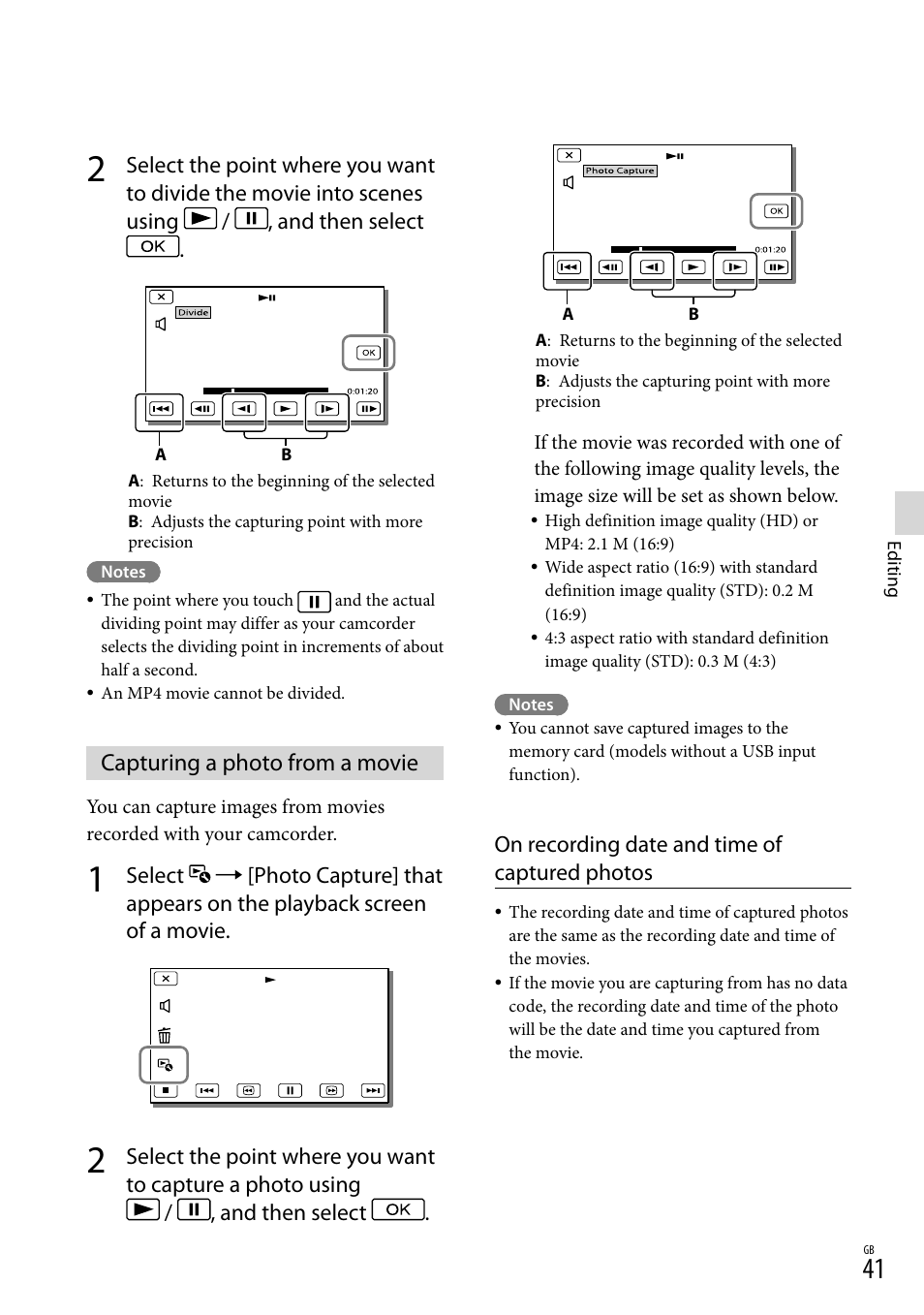 Capturing a photo from a movie, On recording date and time of captured photos | Sony HDR-PJ650V User Manual | Page 41 / 76