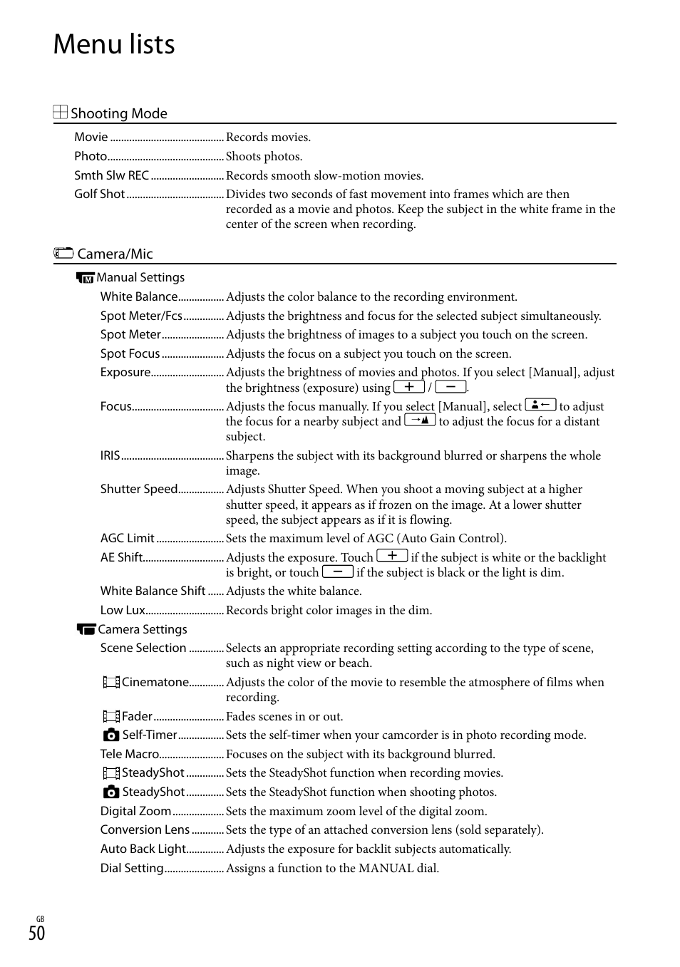 Menu lists | Sony HDR-PJ650V User Manual | Page 50 / 76