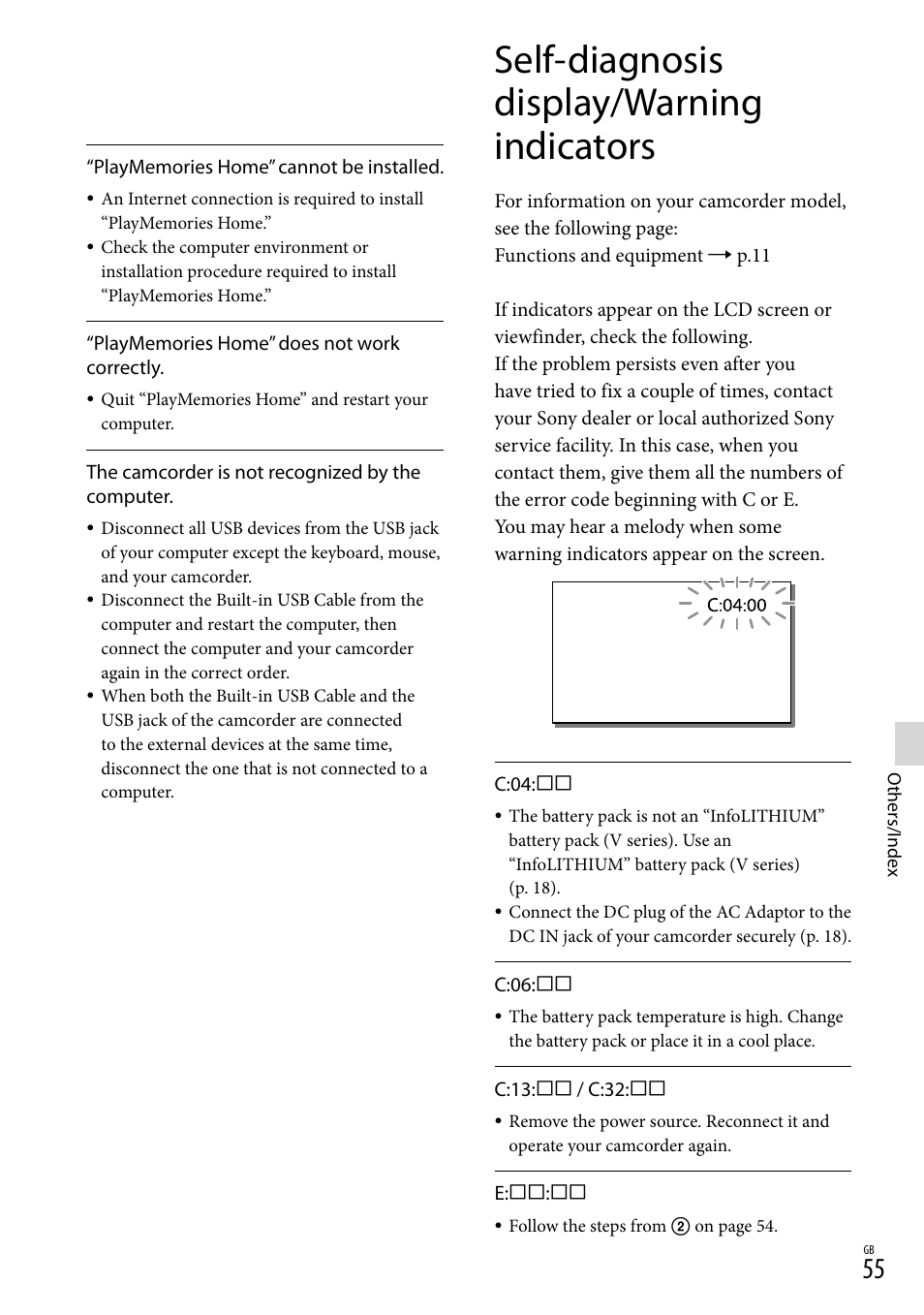 Self-diagnosis display/warning indicators | Sony HDR-PJ650V User Manual | Page 55 / 76