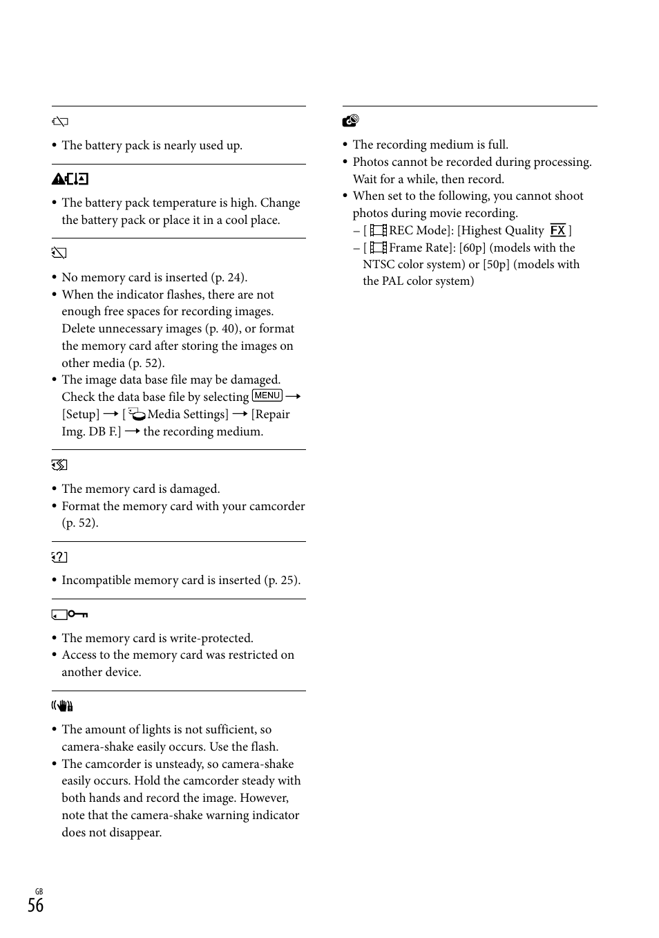 56), and | Sony HDR-PJ650V User Manual | Page 56 / 76