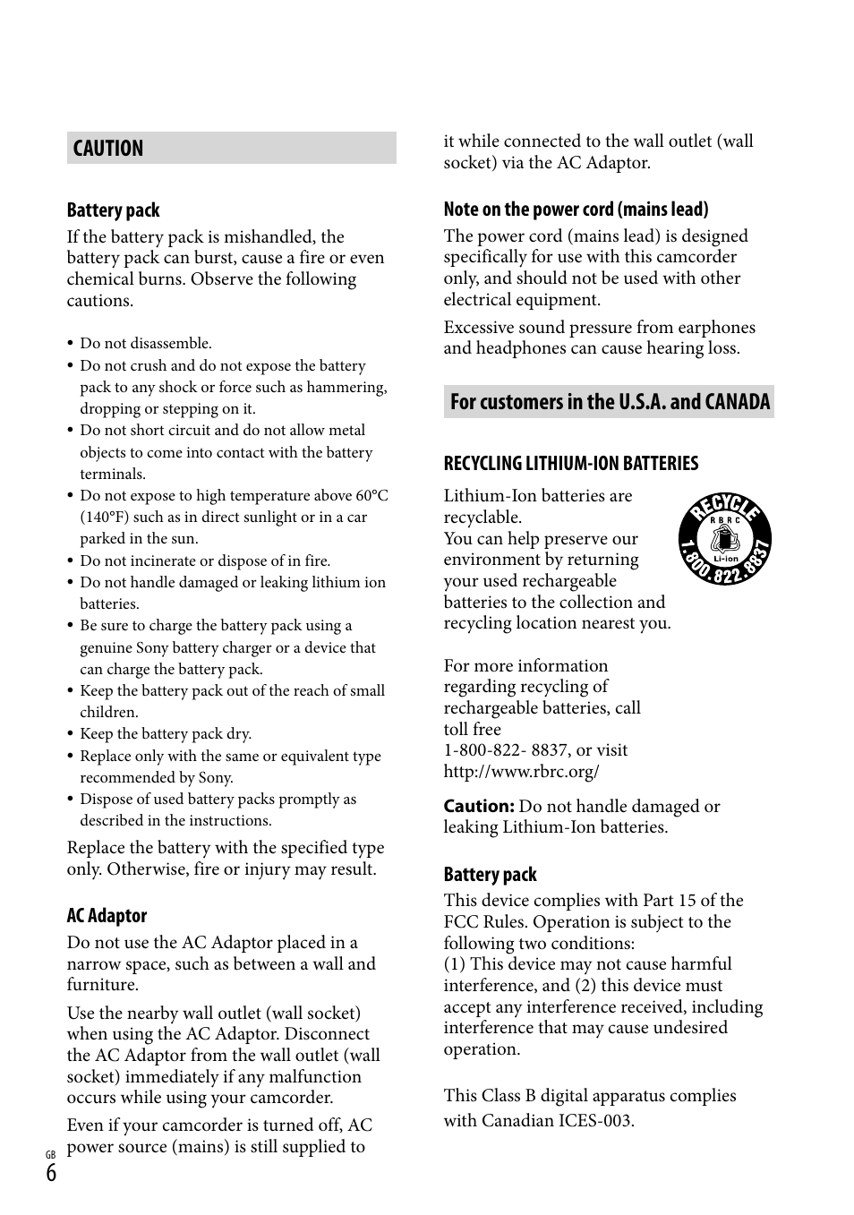 Caution, For customers in the u.s.a. and canada | Sony HDR-PJ650V User Manual | Page 6 / 76