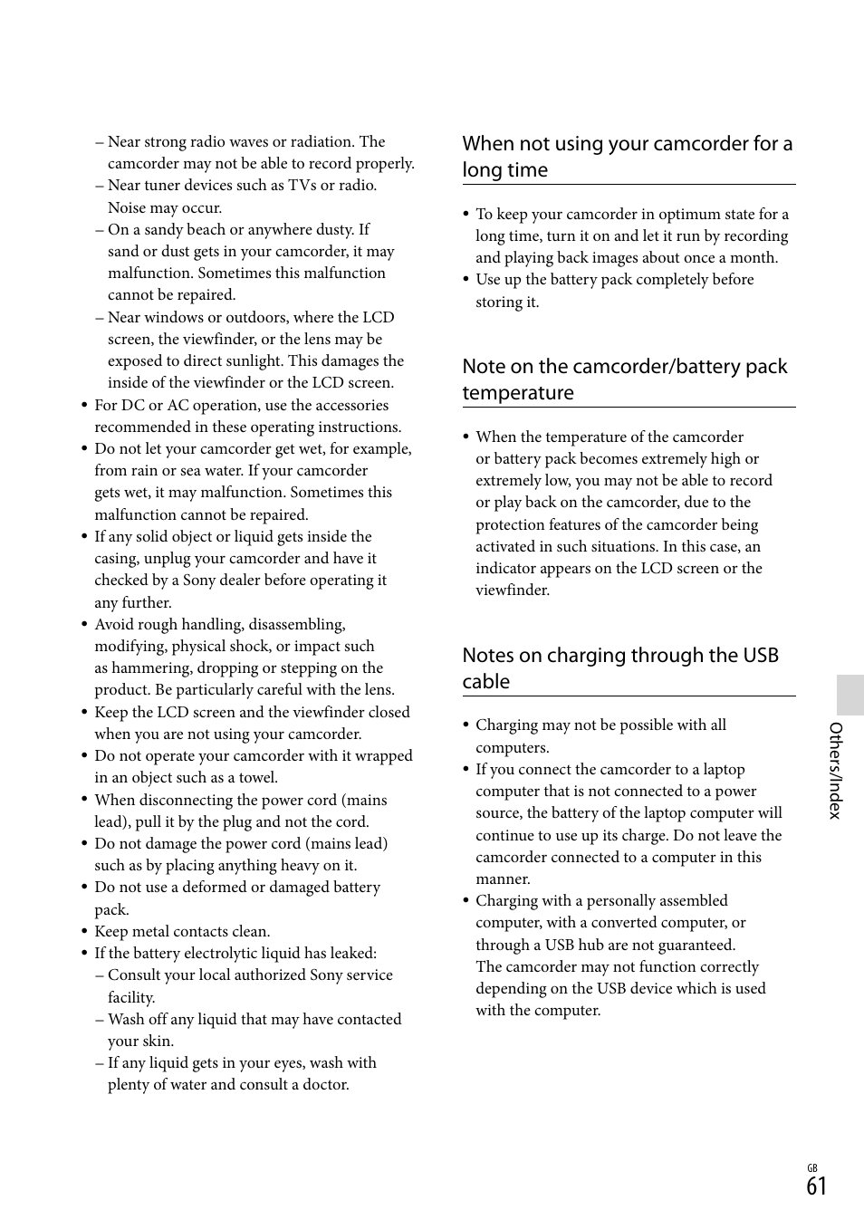 When not using your camcorder for a long time | Sony HDR-PJ650V User Manual | Page 61 / 76