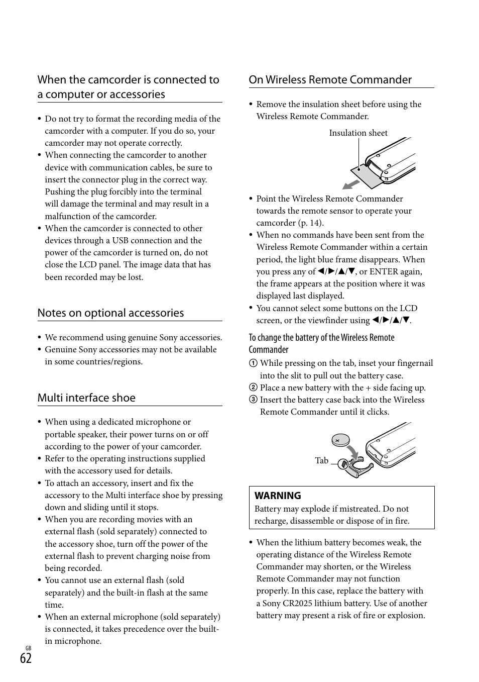 Multi interface shoe, On wireless remote commander, Warning | Sony HDR-PJ650V User Manual | Page 62 / 76