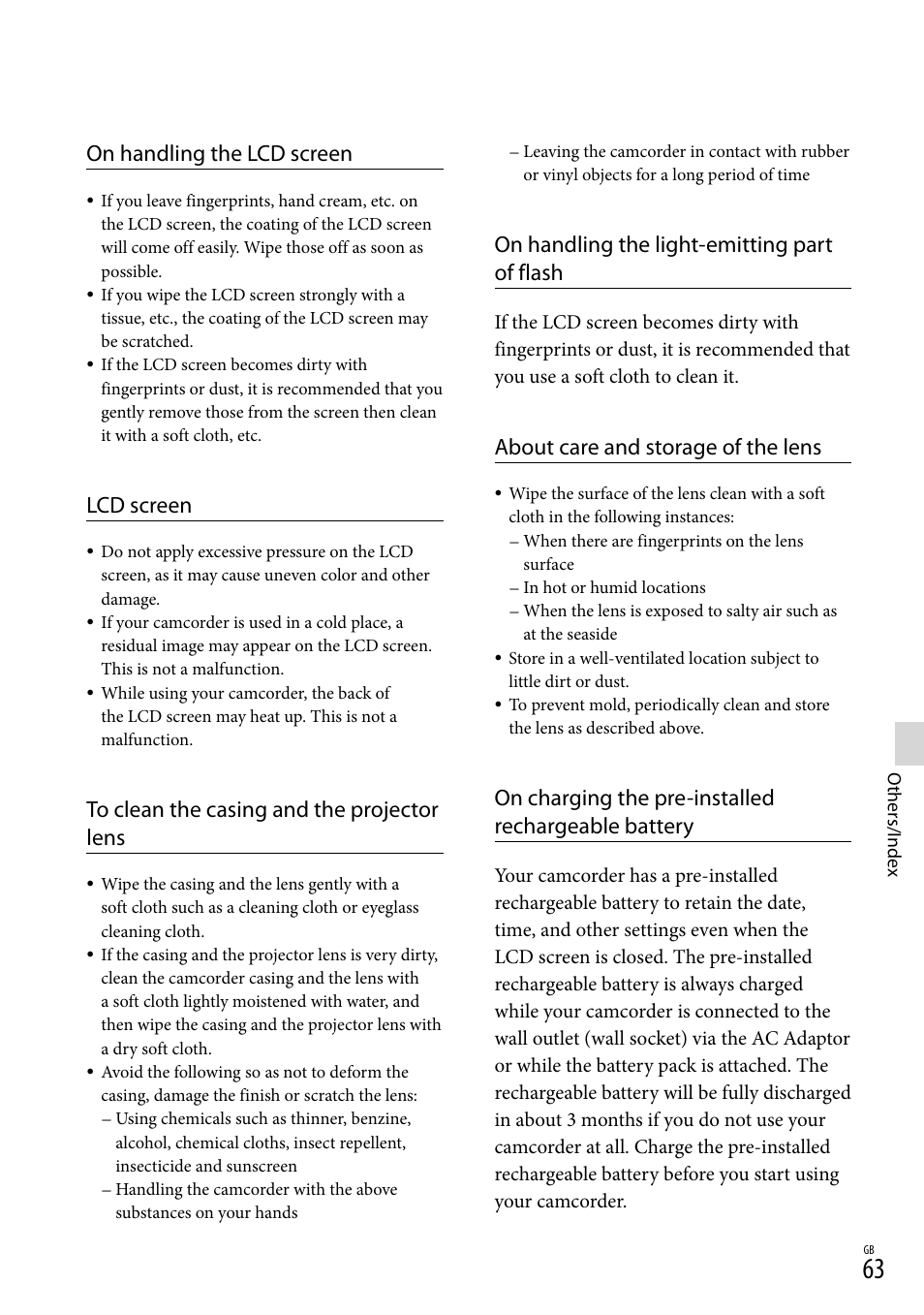 On handling the lcd screen, Lcd screen, On handling the light-emitting part of flash | About care and storage of the lens, On charging the pre-installed rechargeable battery | Sony HDR-PJ650V User Manual | Page 63 / 76