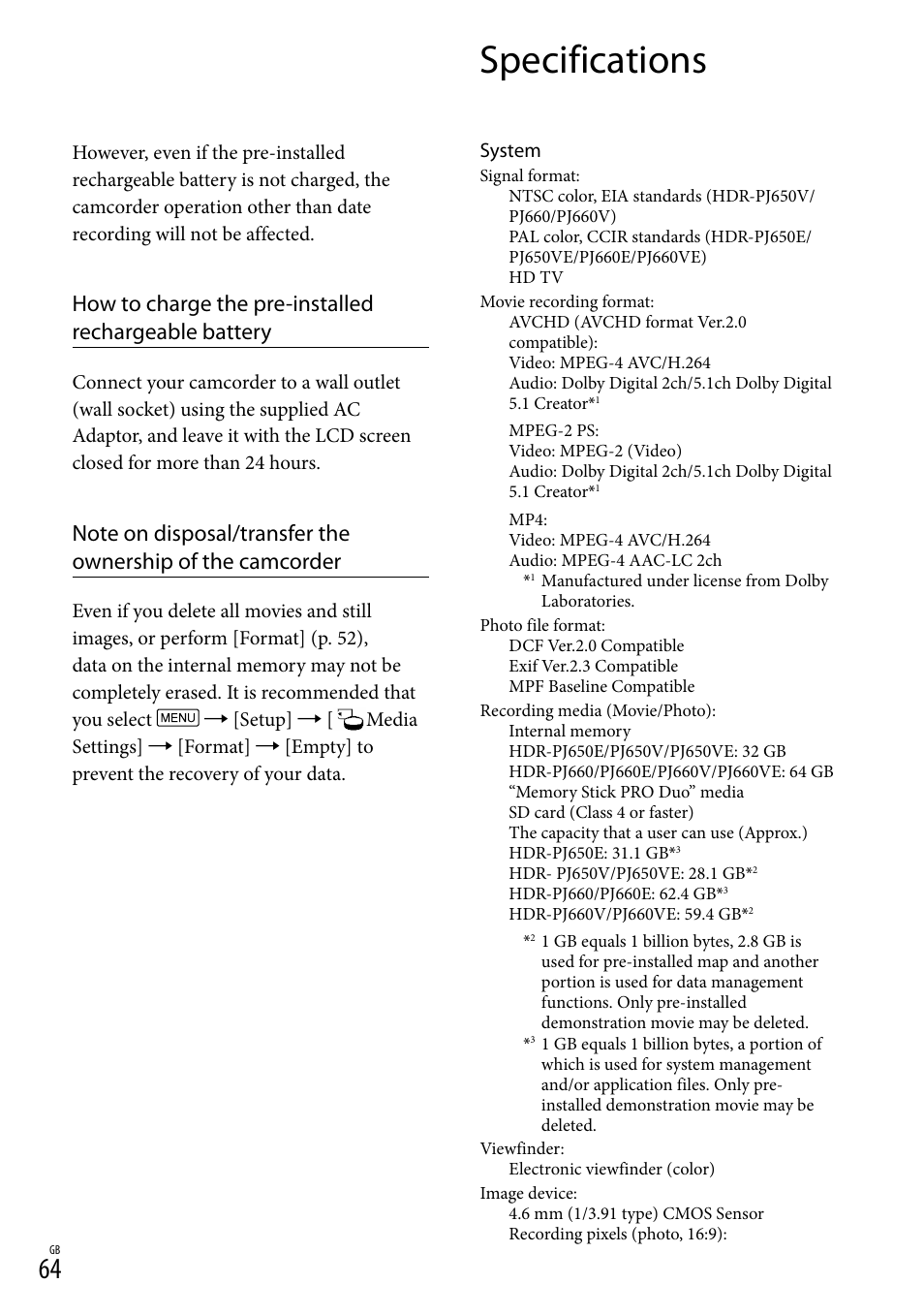 Specifications | Sony HDR-PJ650V User Manual | Page 64 / 76