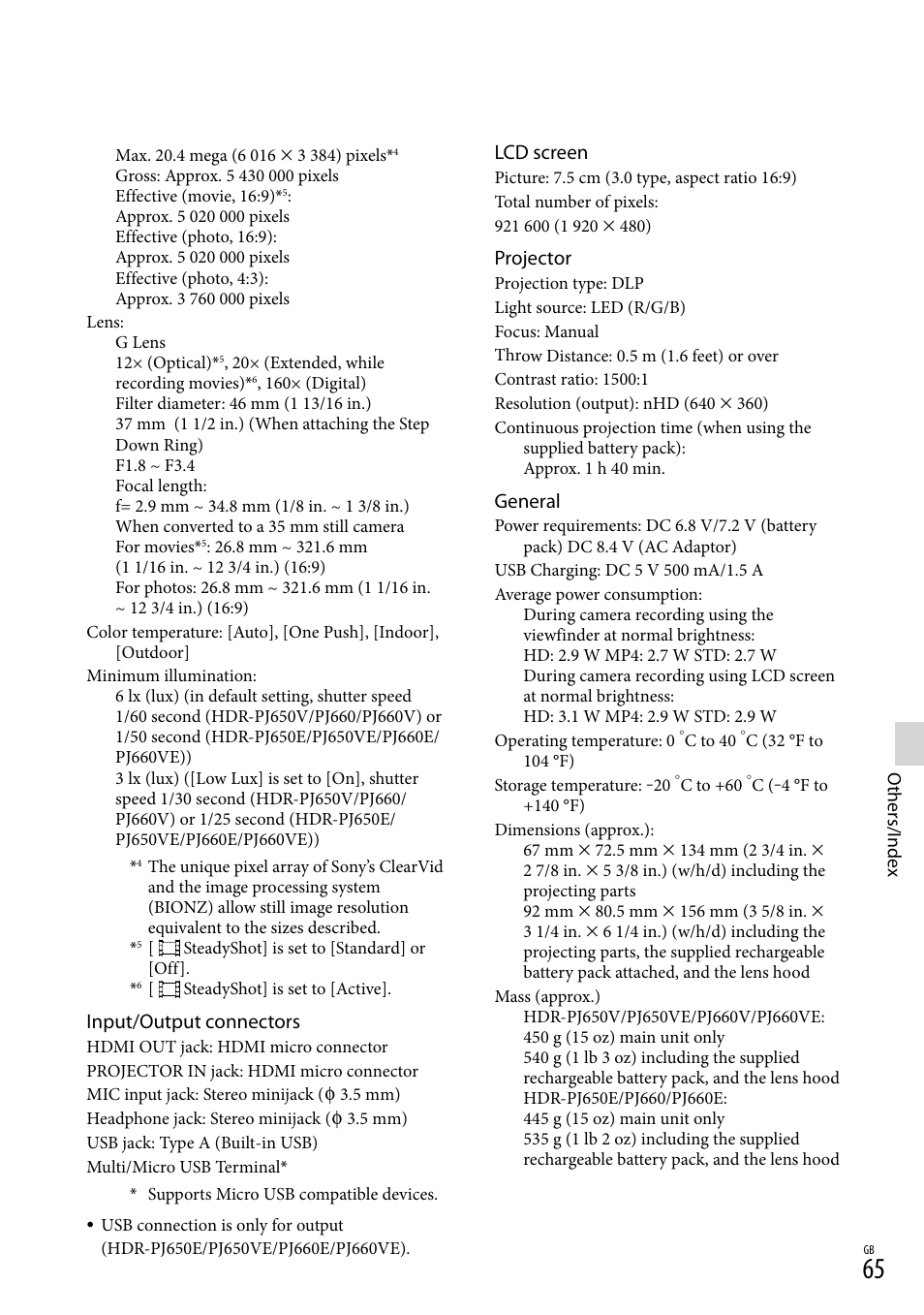 Input/output connectors, Lcd screen, Projector | General | Sony HDR-PJ650V User Manual | Page 65 / 76