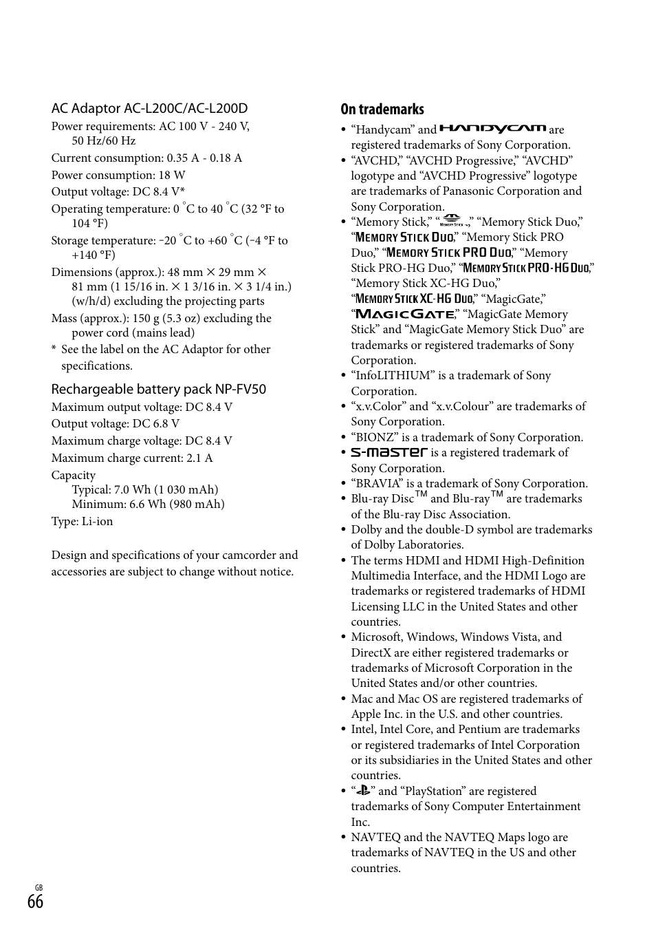 On trademarks, Rechargeable battery pack np-fv50 | Sony HDR-PJ650V User Manual | Page 66 / 76
