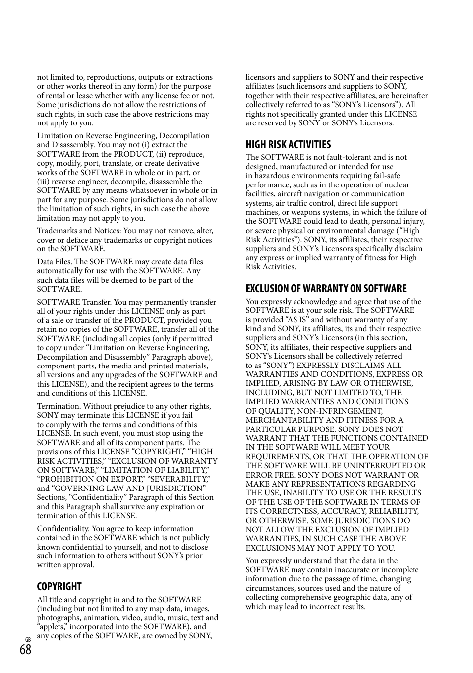 Copyright, High risk activities, Exclusion of warranty on software | Sony HDR-PJ650V User Manual | Page 68 / 76