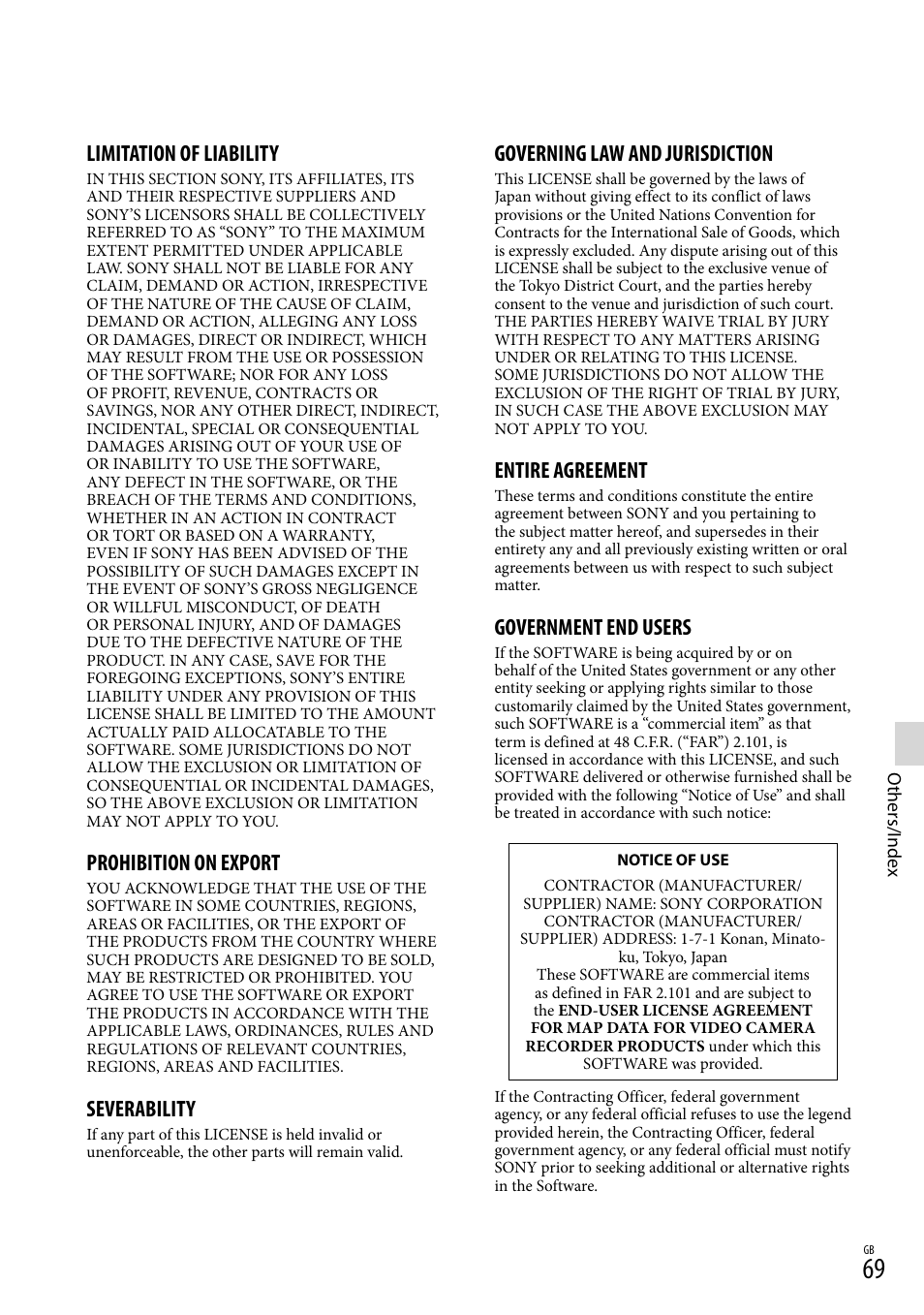 Limitation of liability, Prohibition on export, Severability | Governing law and jurisdiction, Entire agreement, Government end users | Sony HDR-PJ650V User Manual | Page 69 / 76