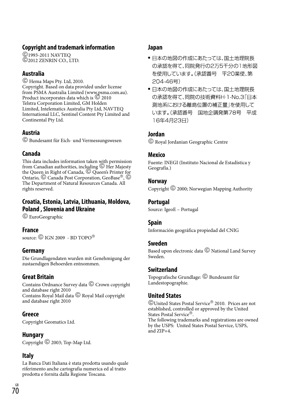 Copyright and trademark information, Australia, Austria | Canada, France, Germany, Great britain, Greece, Hungary, Italy | Sony HDR-PJ650V User Manual | Page 70 / 76