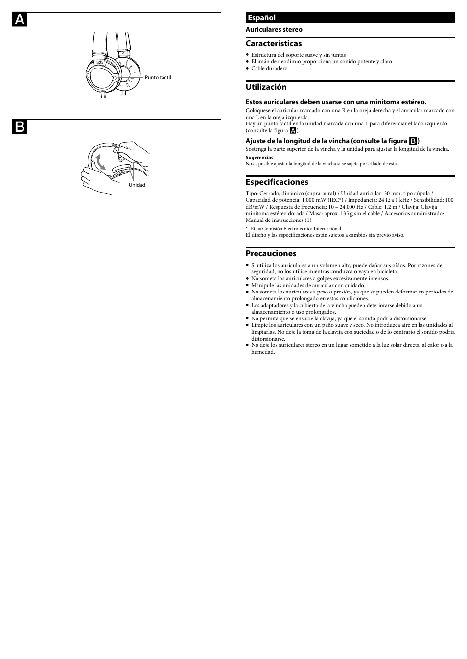 Características, Utilización, Especificaciones | Precauciones | Sony MDR-PQ2 User Manual | Page 2 / 2