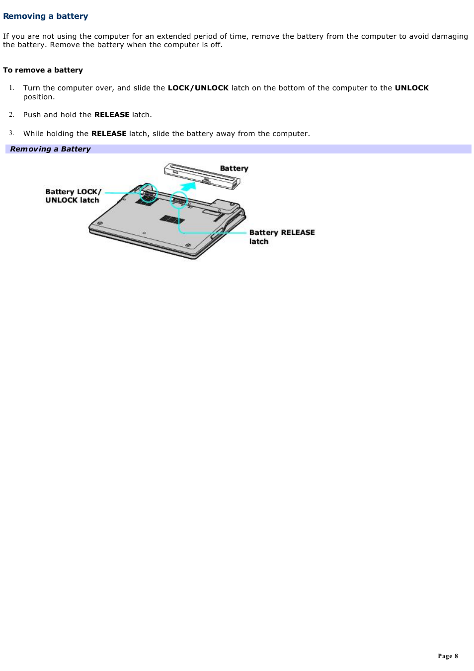 Removing a battery | Sony PCG-Z1A1 User Manual | Page 8 / 164