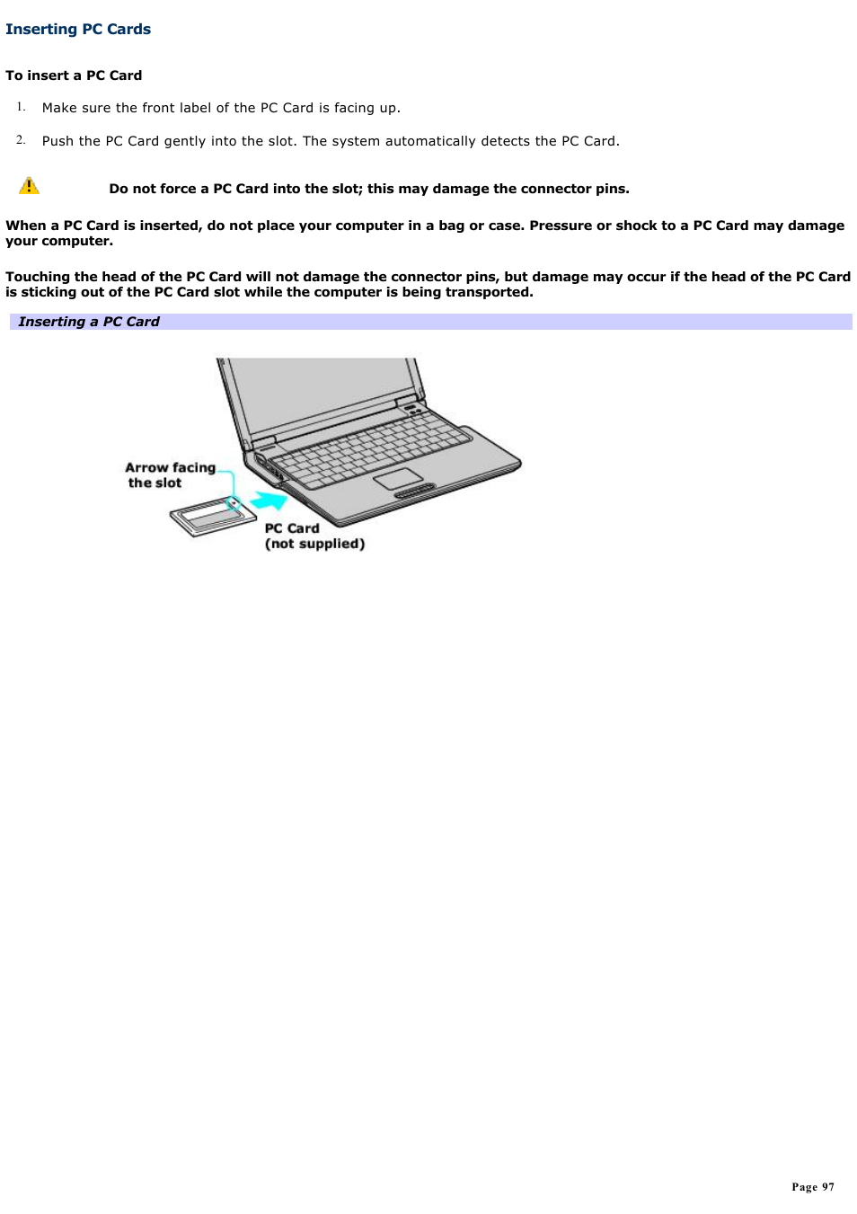 Inserting pc cards | Sony PCG-Z1A1 User Manual | Page 97 / 164