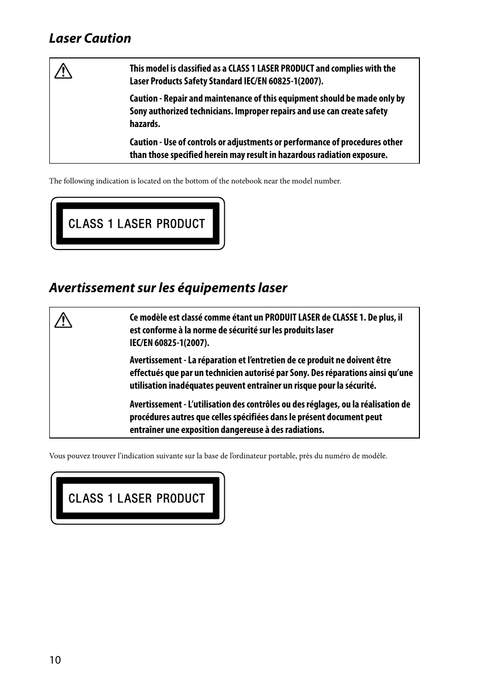 Laser caution, Avertissement sur les équipements laser | Sony VPCZ2390X User Manual | Page 10 / 36