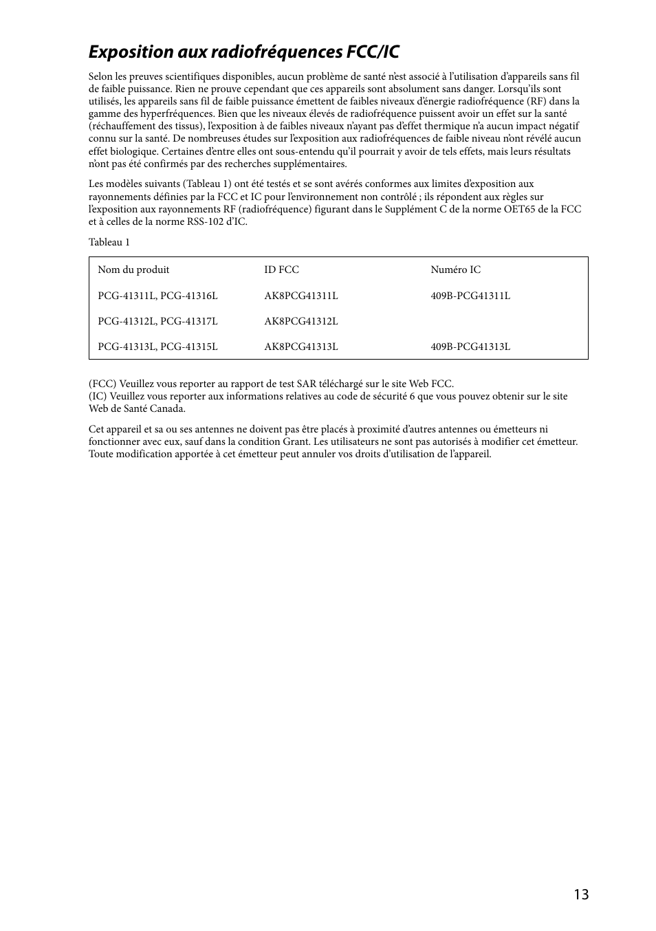 Exposition aux radiofréquences fcc/ic | Sony VPCZ2390X User Manual | Page 13 / 36