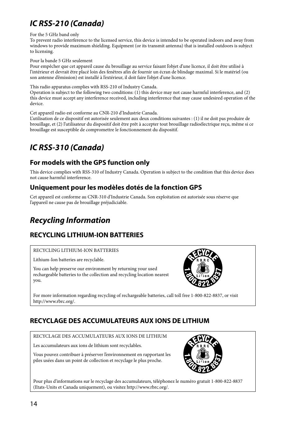 Ic rss-210 (canada), Ic rss-310 (canada), Recycling information | For models with the gps function only, Recycling lithium-ion batteries, Recyclage des accumulateurs aux ions de lithium | Sony VPCZ2390X User Manual | Page 14 / 36