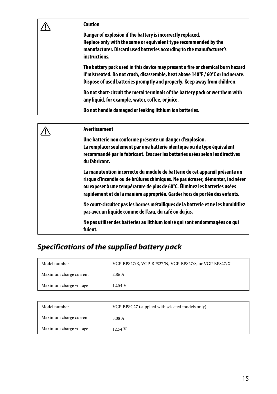 Specifications of the supplied battery pack | Sony VPCZ2390X User Manual | Page 15 / 36