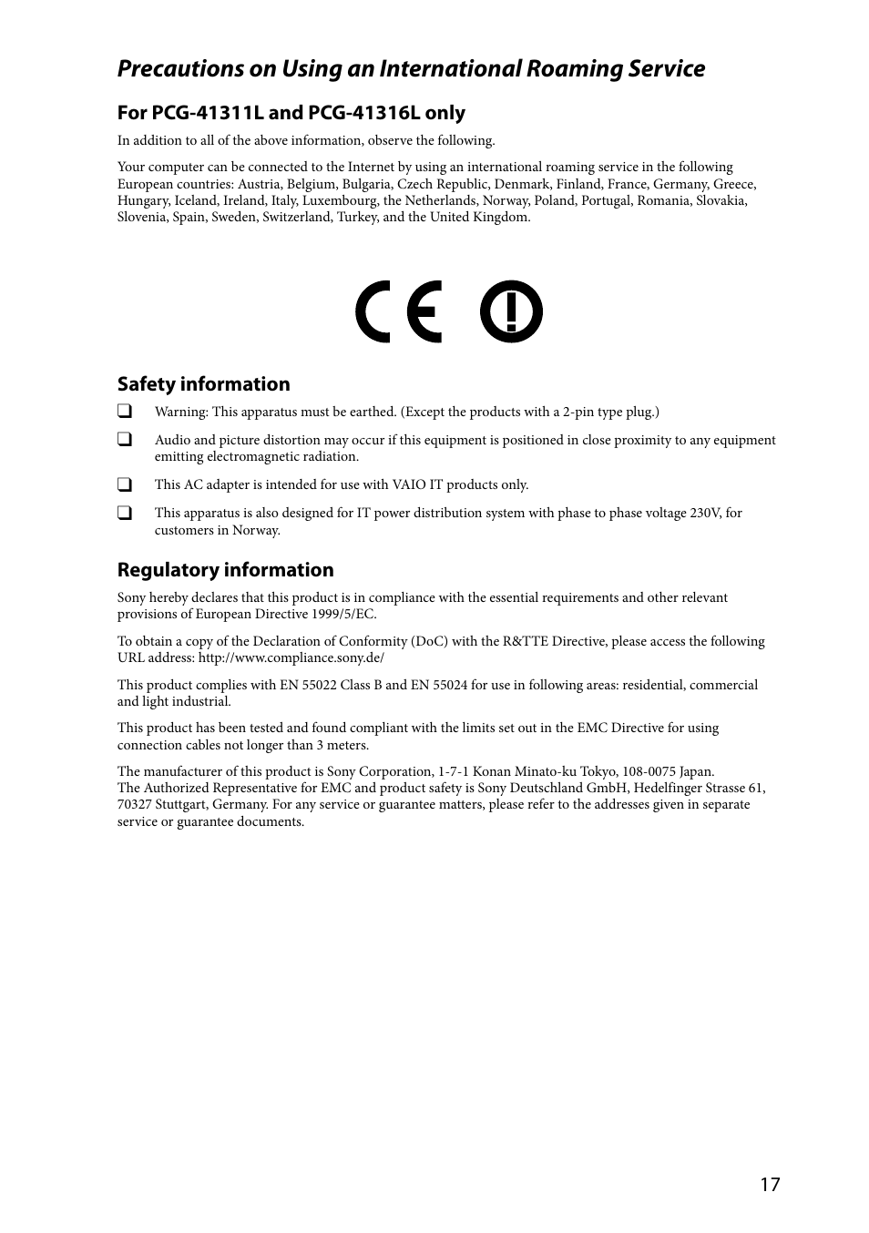 Safety information, Regulatory information | Sony VPCZ2390X User Manual | Page 17 / 36