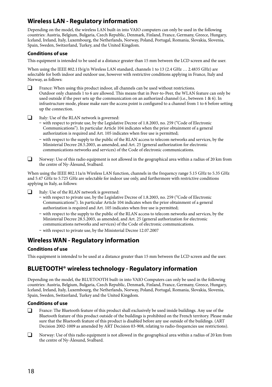 1 wireless lan - regulatory information, Wireless wan - regulatory information | Sony VPCZ2390X User Manual | Page 18 / 36