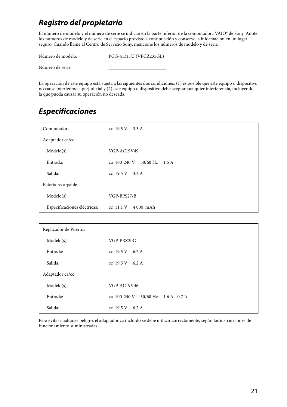 Registro del propietario, Especificaciones | Sony VPCZ2390X User Manual | Page 21 / 36