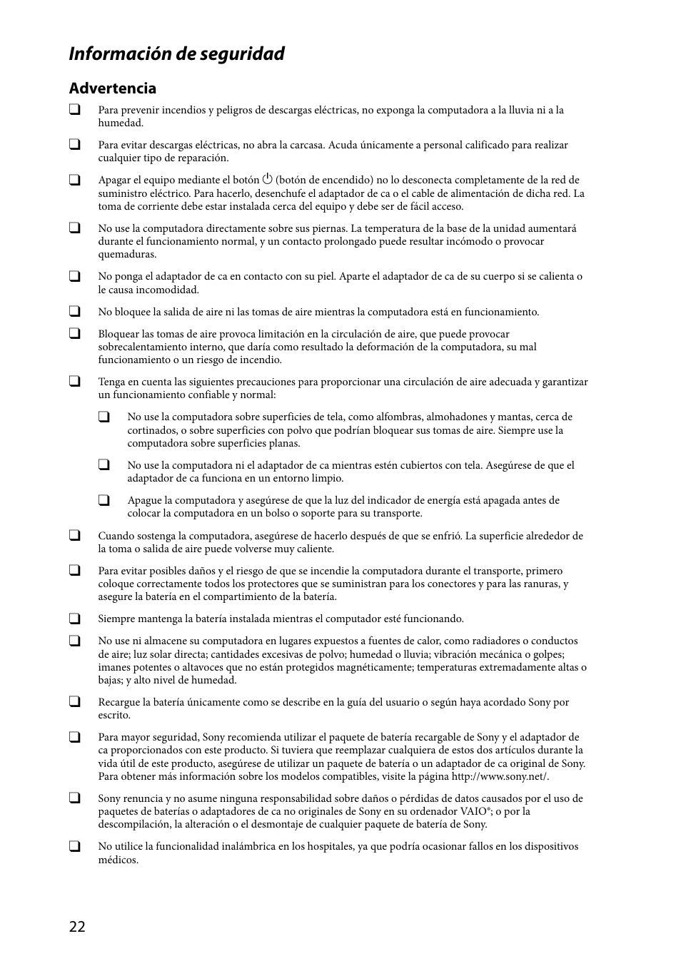 Información de seguridad, Advertencia | Sony VPCZ2390X User Manual | Page 22 / 36