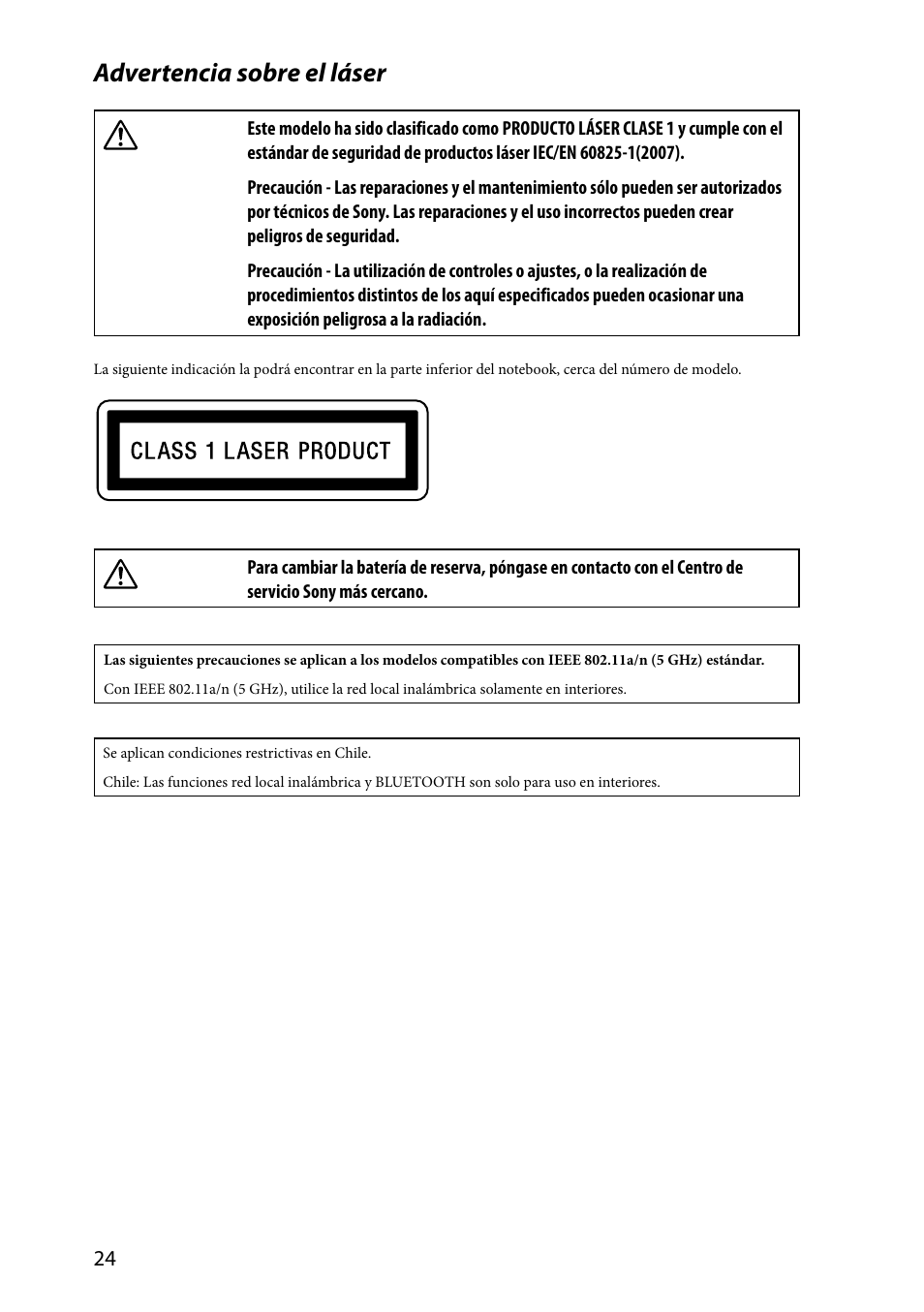 Advertencia sobre el láser | Sony VPCZ2390X User Manual | Page 24 / 36