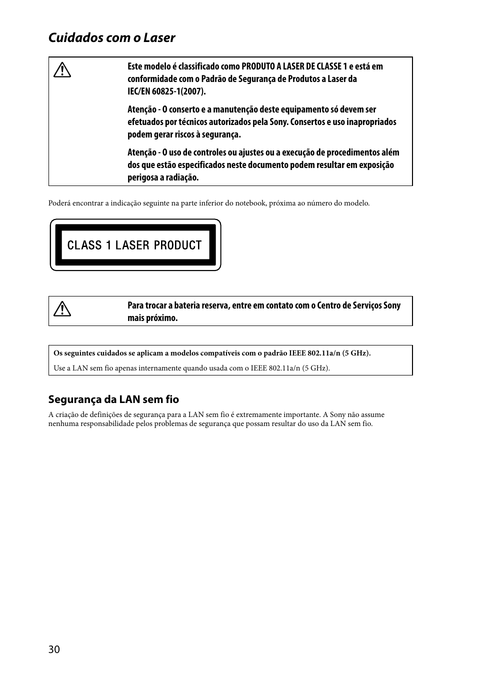 Cuidados com o laser | Sony VPCZ2390X User Manual | Page 30 / 36