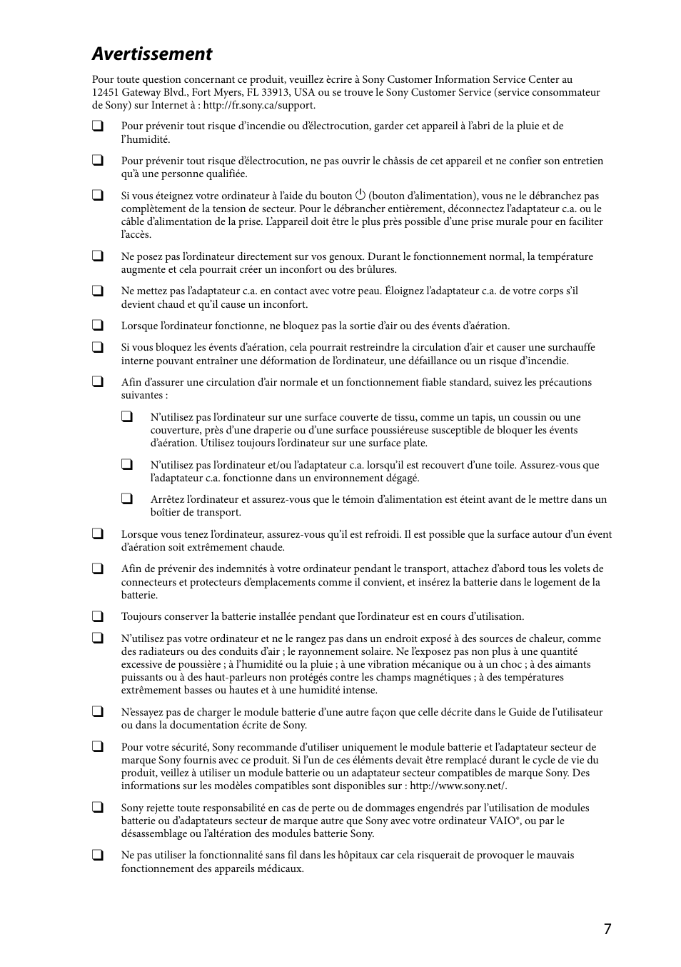 Avertissement | Sony VPCZ2390X User Manual | Page 7 / 36