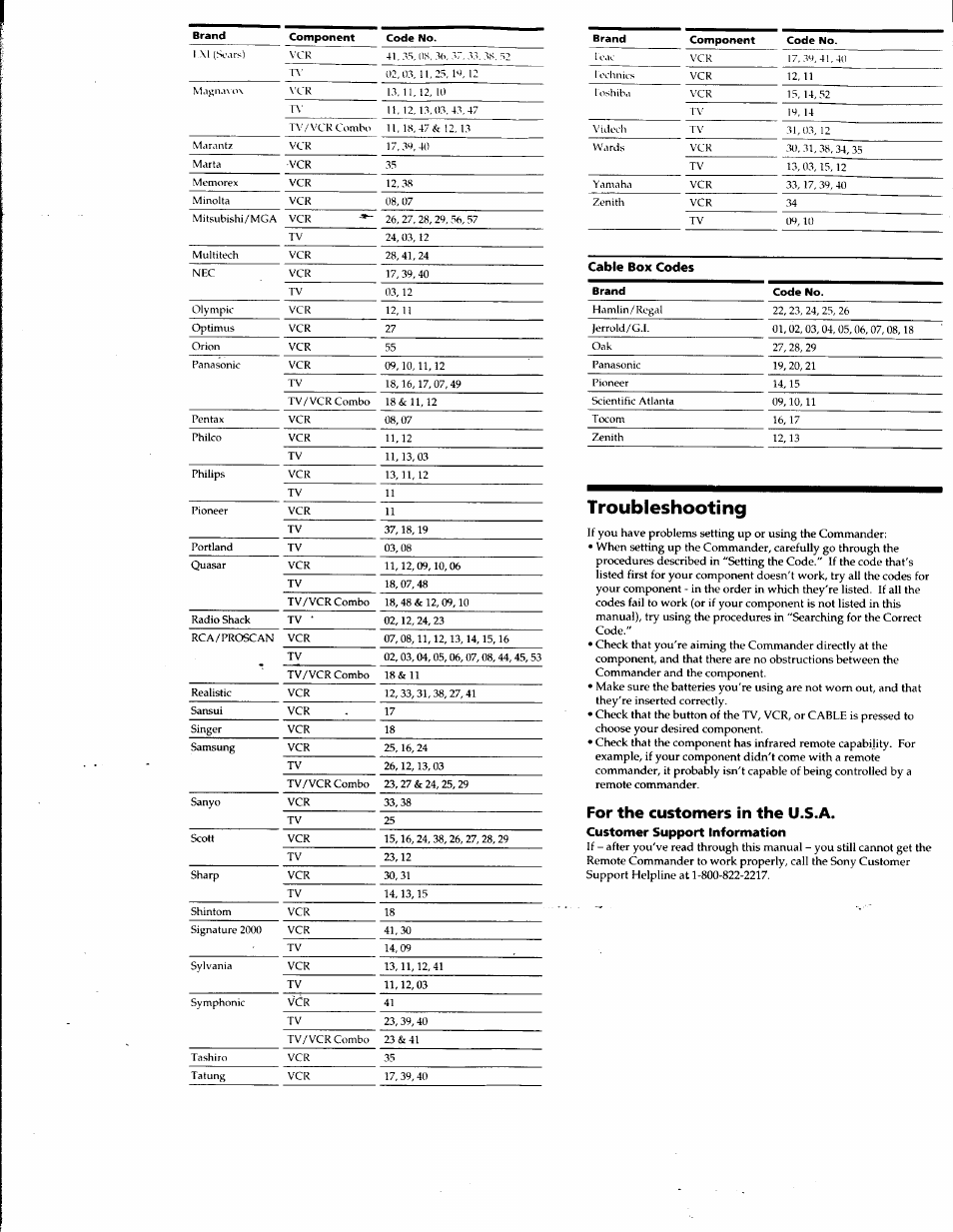 T roubleshooting, For the customers in the u.s.a, Customer support information | Sony RM-V8A User Manual | Page 4 / 8