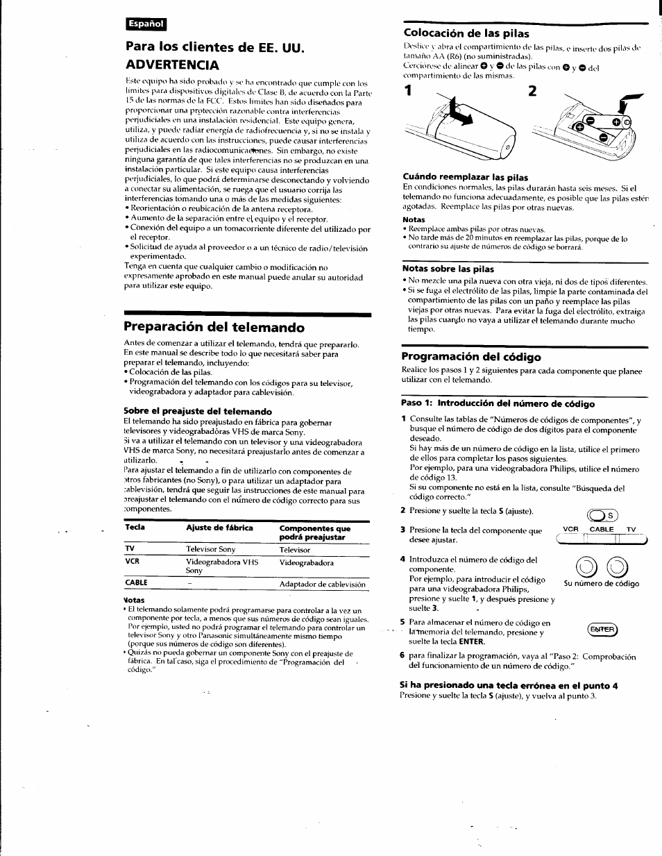 Español, Para los clientes de ee. uu. advertencia, Preparación del telemando | Sobre el preajuste del telemando, Colocación de las pilas, Notas sobre las pilas, Programación del código, Paso 1: introducción del número de código, Si ha presionado una tecla errónea en el punto 4, Oz) c | Sony RM-V8A User Manual | Page 5 / 8