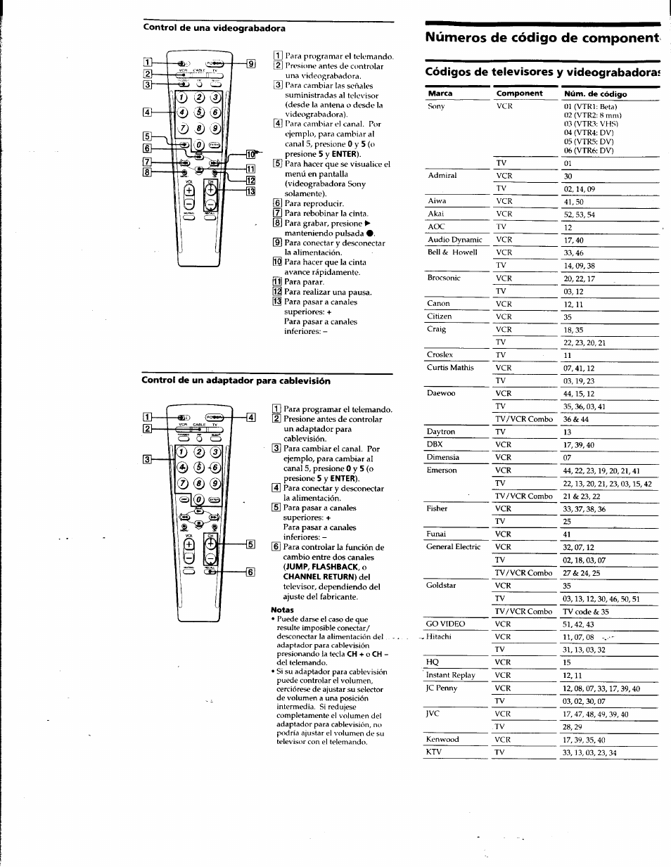 Control de una videograbadora, Control de un adaptador para cablevisión, Números de código de component | Códigos de televisores y videograbadora | Sony RM-V8A User Manual | Page 7 / 8