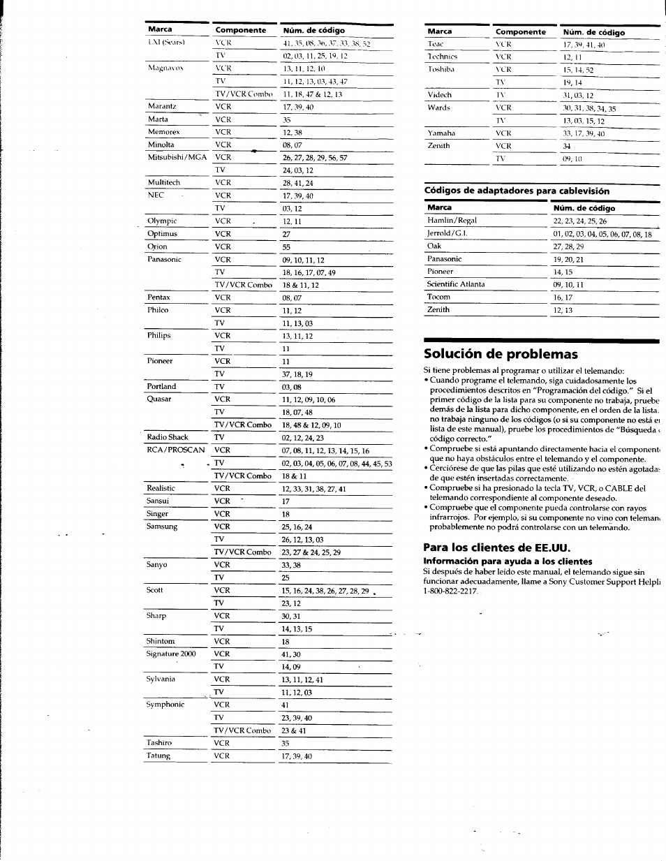 Códigos de adaptadores para cablevisión, Solución de problemas, Para los clientes de ee.uu | Información para ayuda a los clientes | Sony RM-V8A User Manual | Page 8 / 8
