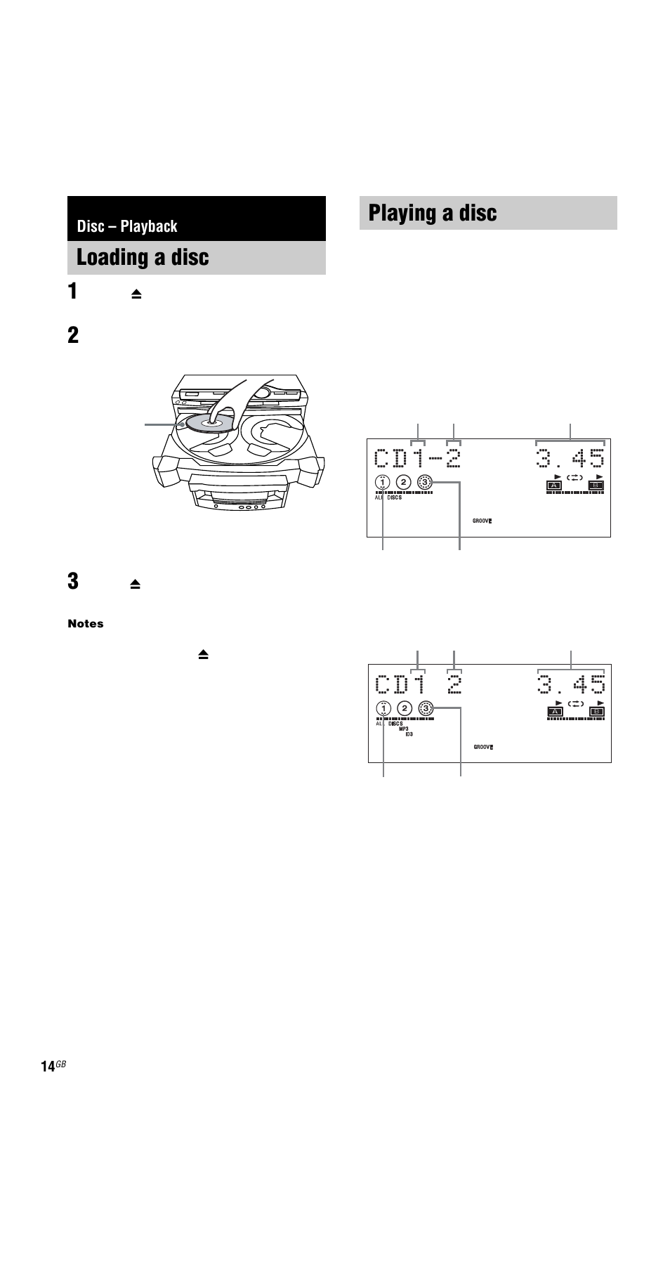 Disc - playback, Loading a disc, Playing a disc | Normal play/shuffle play, Disc – playback, Loading a disc playing a disc | Sony MHC-GX9900 User Manual | Page 14 / 56