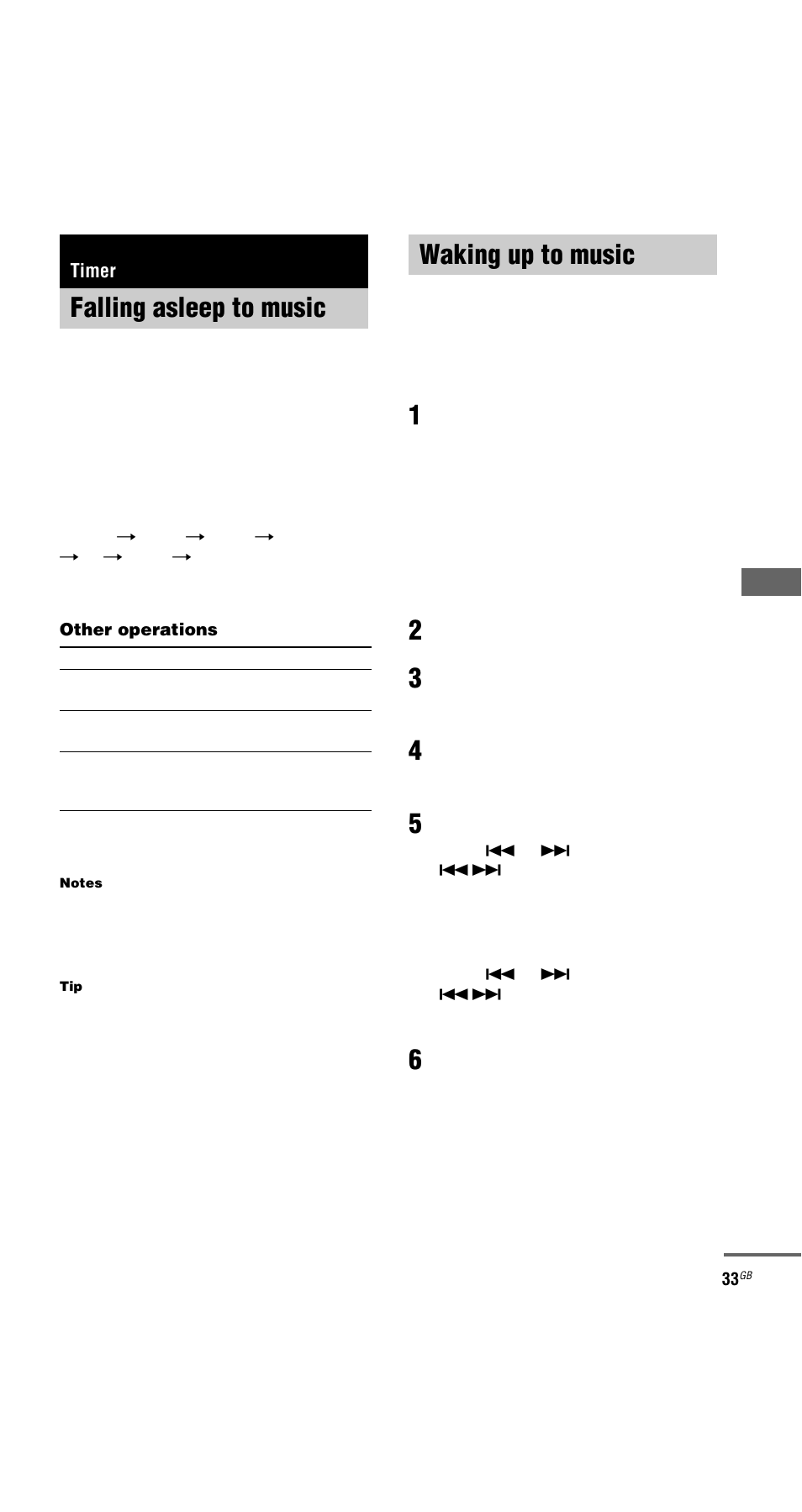 Timer, Falling asleep to music, Sleep timer | Waking up to music, Play timer | Sony MHC-GX9900 User Manual | Page 33 / 56