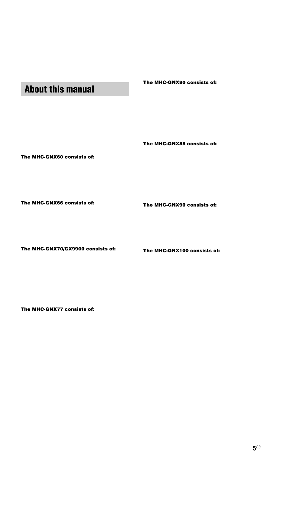 About this manual | Sony MHC-GX9900 User Manual | Page 5 / 56