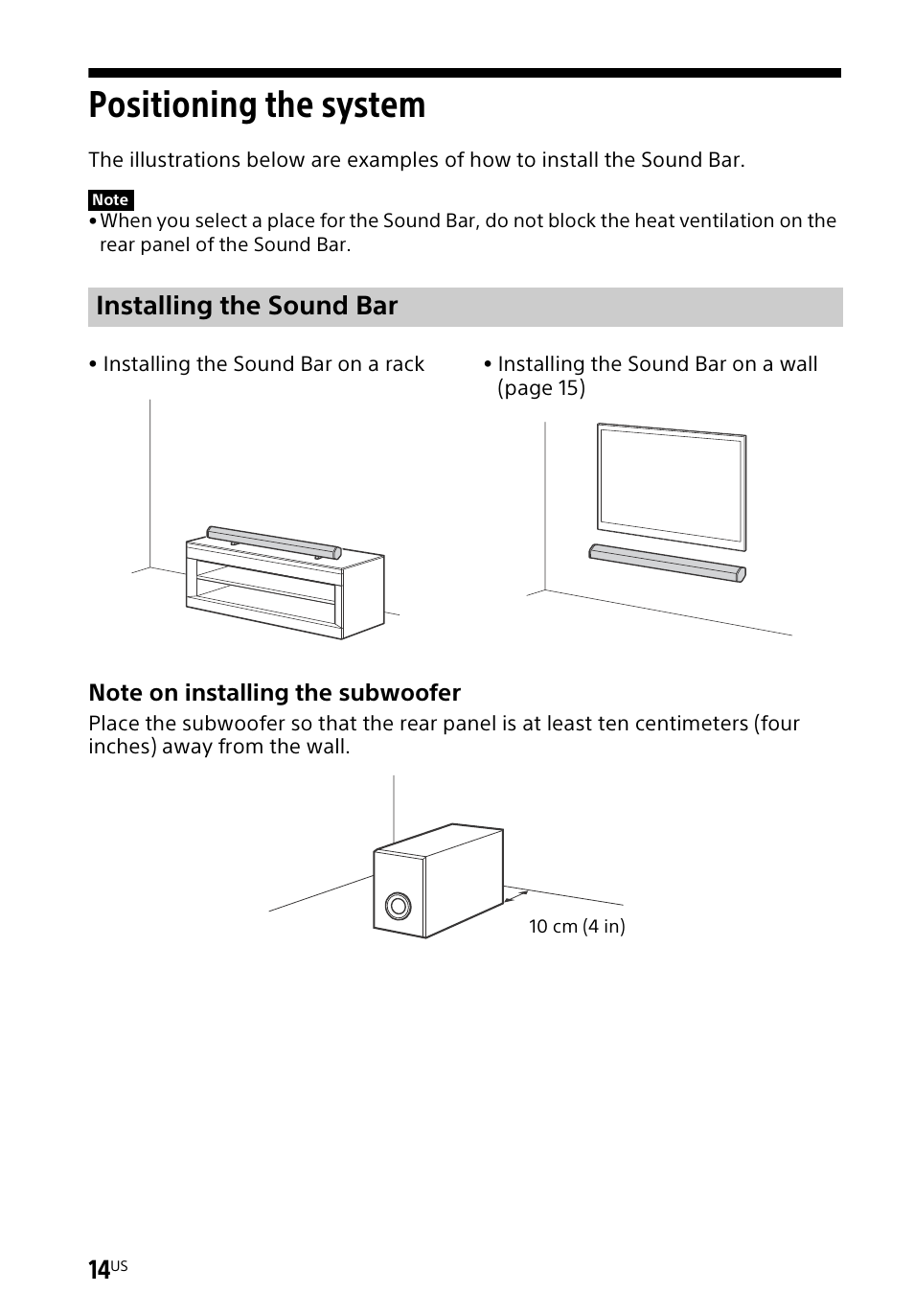 Positioning the system, Installing the sound bar | Sony HT-CT60BT User Manual | Page 14 / 88