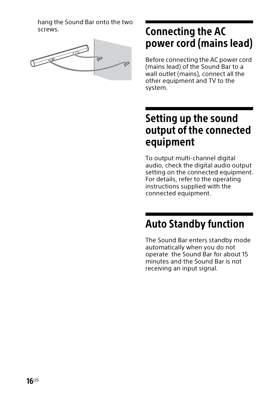 Connecting the ac power cord (mains lead), Auto standby function, Connecting the ac power cord | Mains lead), Setting up the sound output of, The connected equipment | Sony HT-CT60BT User Manual | Page 16 / 88