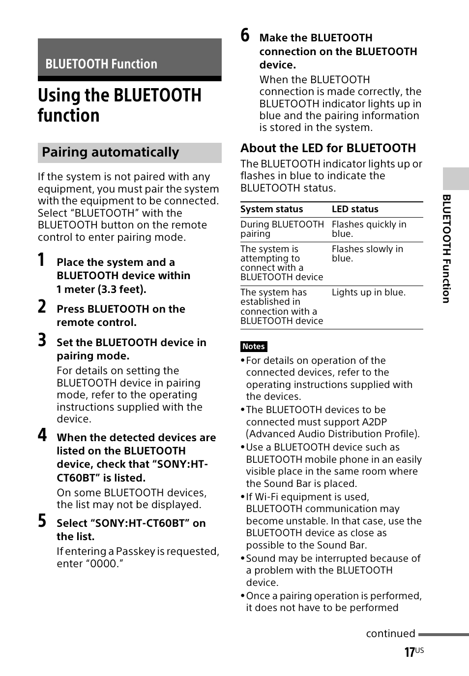 Bluetooth function, Using the bluetooth function, Using the bluetooth | Function, Bluetooth function pairing automatically | Sony HT-CT60BT User Manual | Page 17 / 88