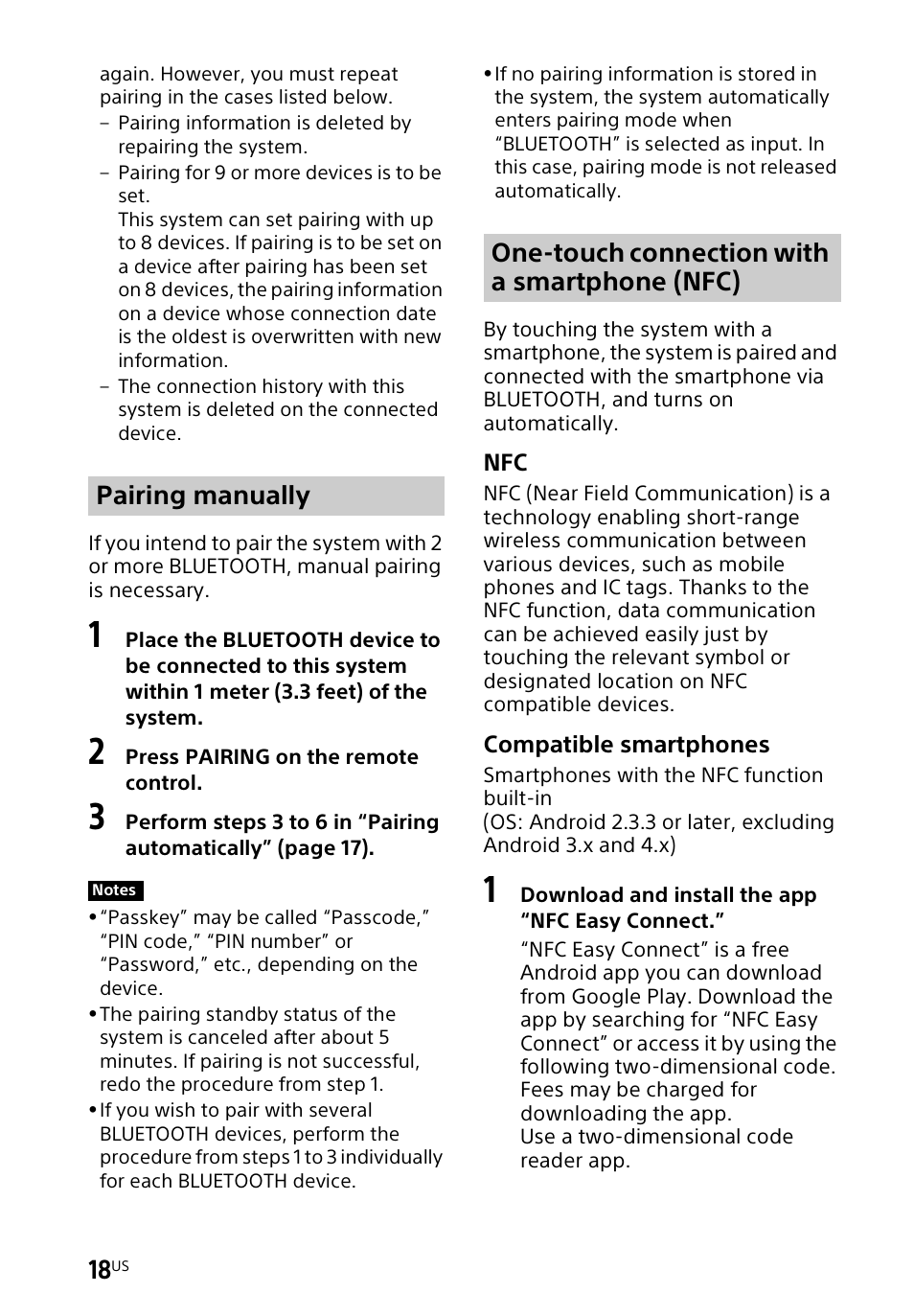 Pairing manually, One-touch connection with a smartphone (nfc) | Sony HT-CT60BT User Manual | Page 18 / 88