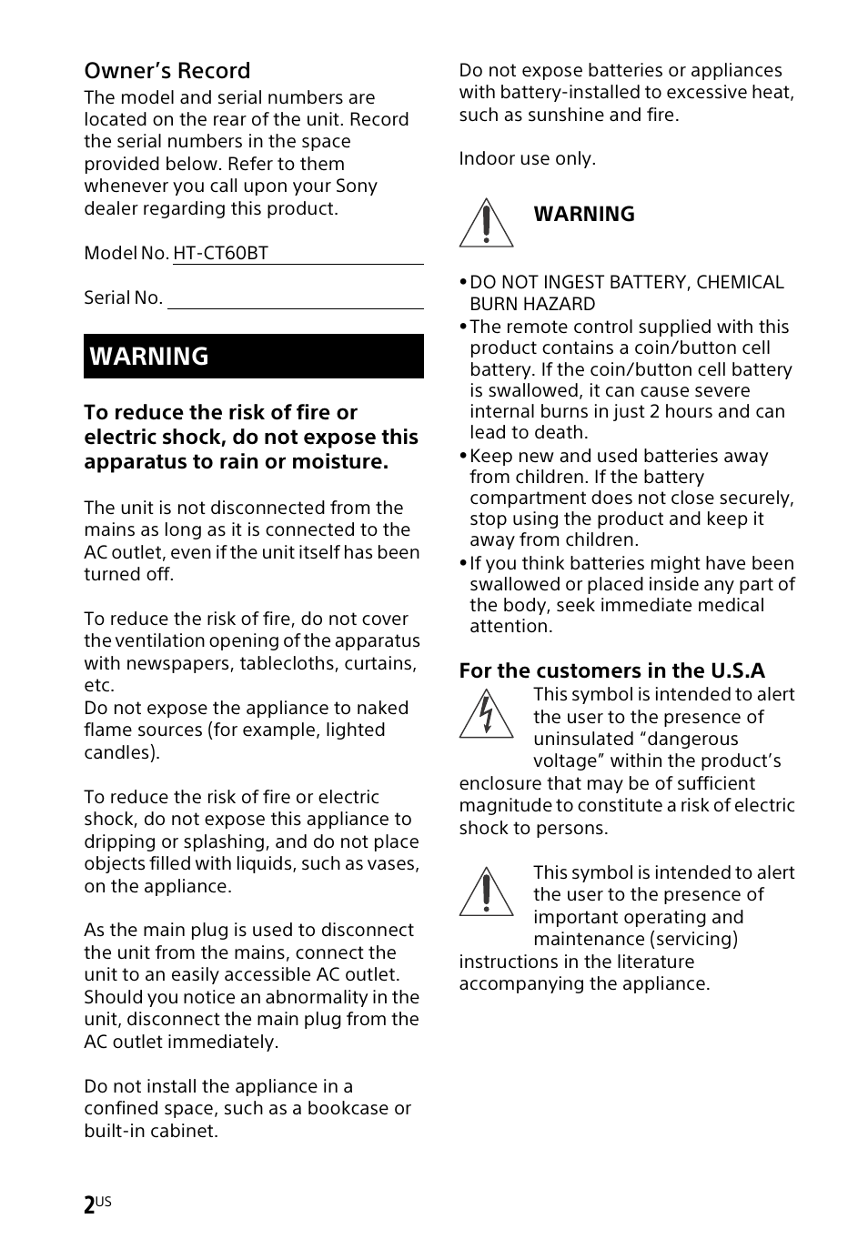 Warning, Owner’s record | Sony HT-CT60BT User Manual | Page 2 / 88