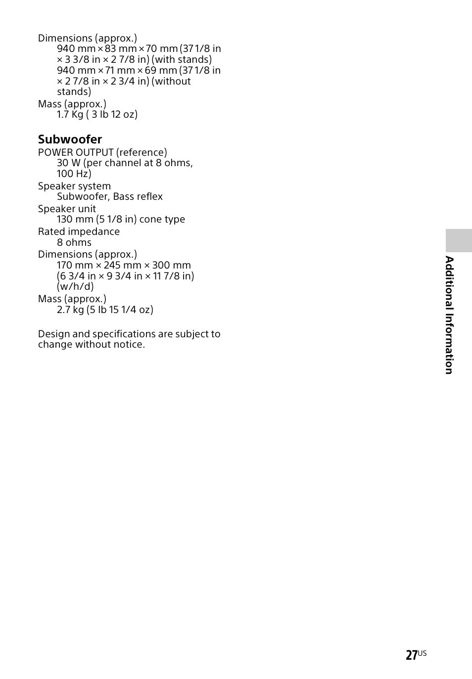 Subwoofer | Sony HT-CT60BT User Manual | Page 27 / 88
