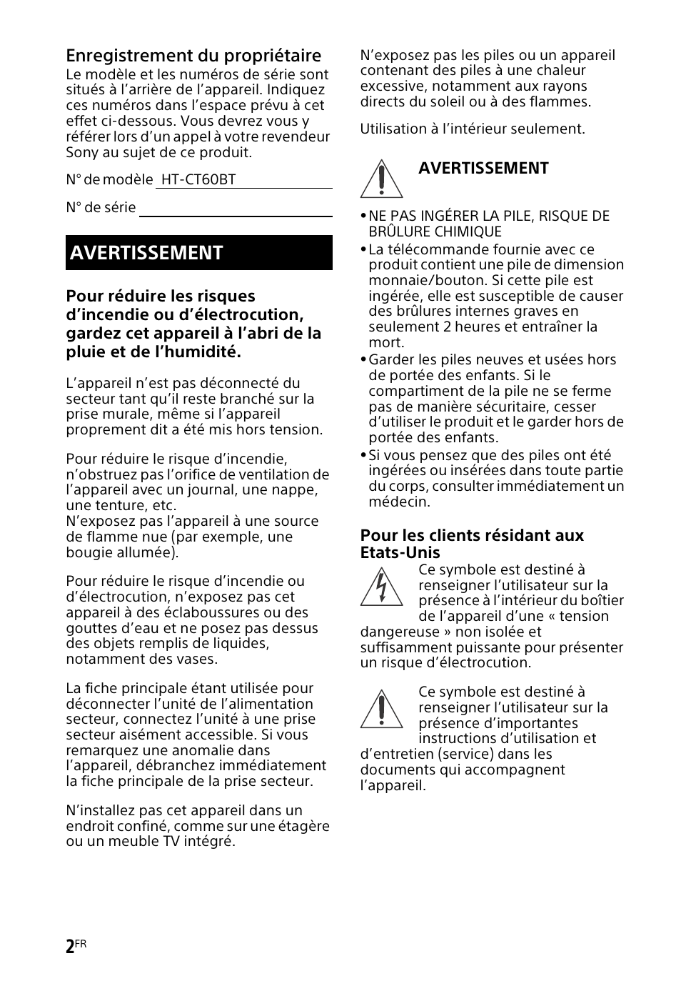 Avertissement, Enregistrement du propriétaire | Sony HT-CT60BT User Manual | Page 30 / 88