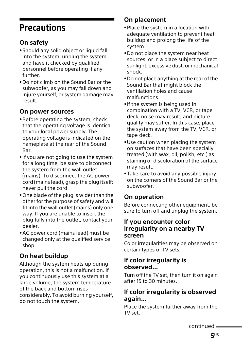 Precautions, On safety, On power sources | On heat buildup, On placement, On operation, If color irregularity is observed, If color irregularity is observed again | Sony HT-CT60BT User Manual | Page 5 / 88
