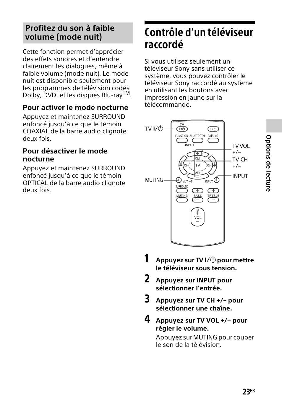 Contrôle d’un téléviseur raccordé, Contrôle d’un téléviseur, Raccordé | Profitez du son à faible volume (mode nuit) | Sony HT-CT60BT User Manual | Page 51 / 88